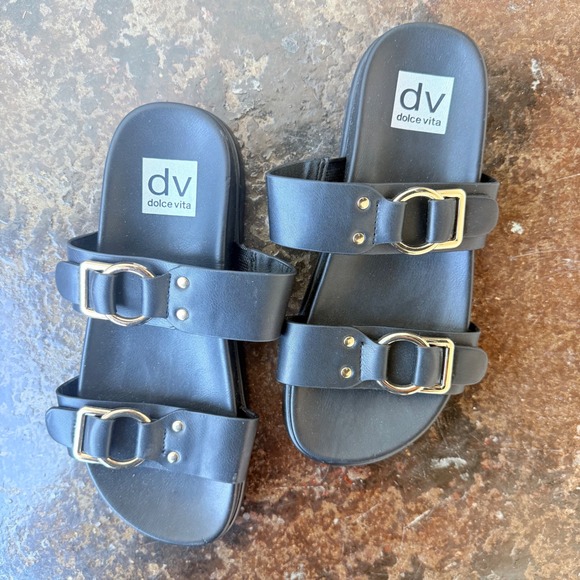 Dolce Vita Sandals Double Strap Black Slides Gold Buckles Womens Brand New NWOT - Picture 2 of 5